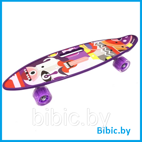 Детский скейт 125 светящиеся колеса, с ручкой и рисунком принтом, пенни борд Penny board скейтборд для детей, фото 1