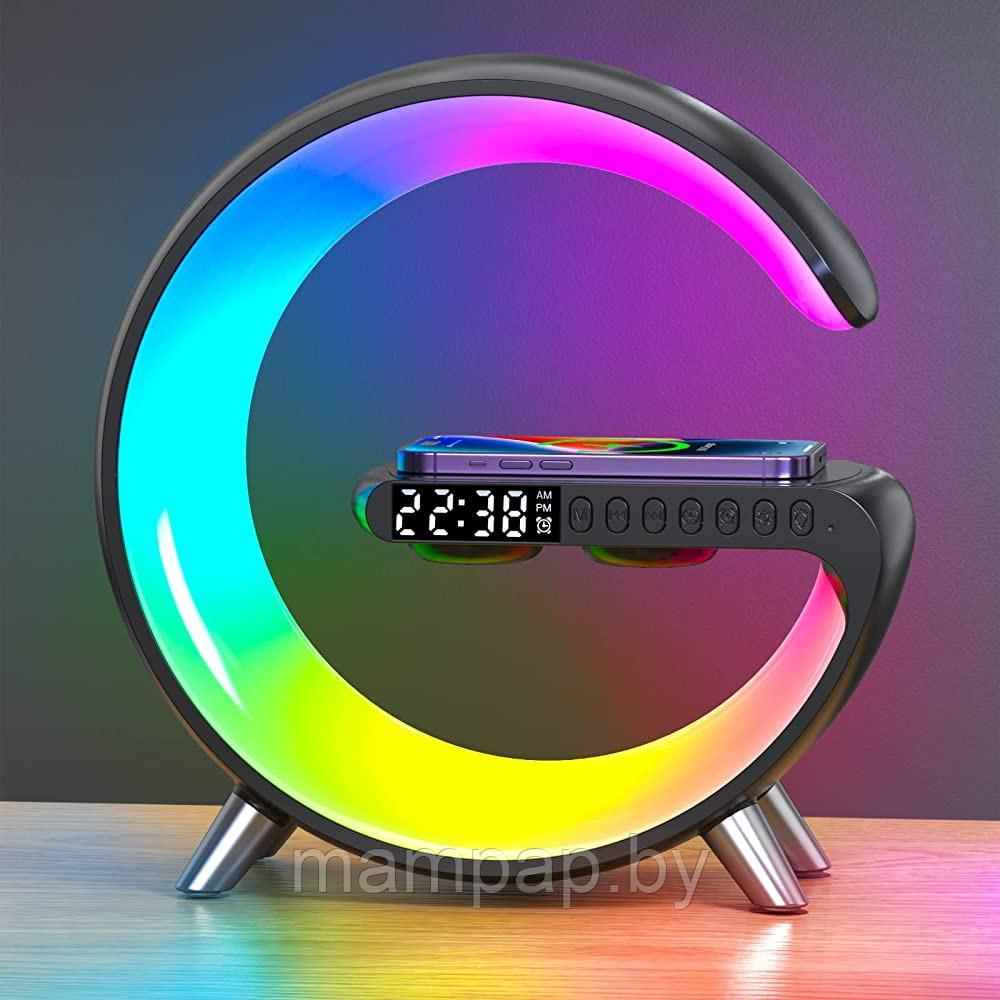 Умный RGB Ночник с беспроводной зарядкой 15W, часами, будильником и Bluetooth колонкой