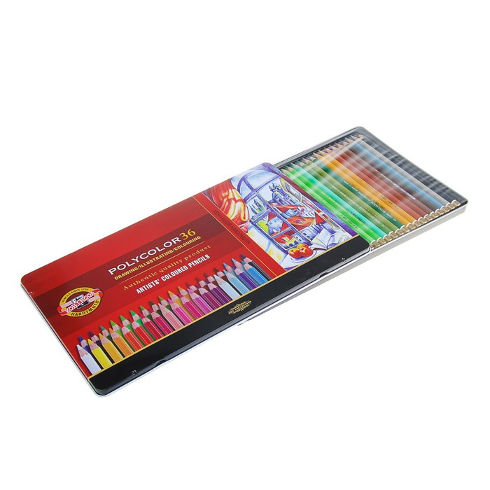 Карандаши художественные 36 цветов, Koh-I-Noor 3825 PolyColor, мягкие, в металлическом пенале - фото 2 - id-p203568606