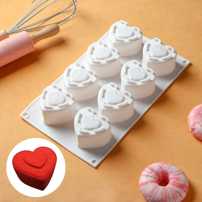 Форма для муссовых десертов Доляна «Сердце», 29×17×4,3 см, ячейка 5,5×6,2×3,5 см, цвет белый - фото 1 - id-p203575742