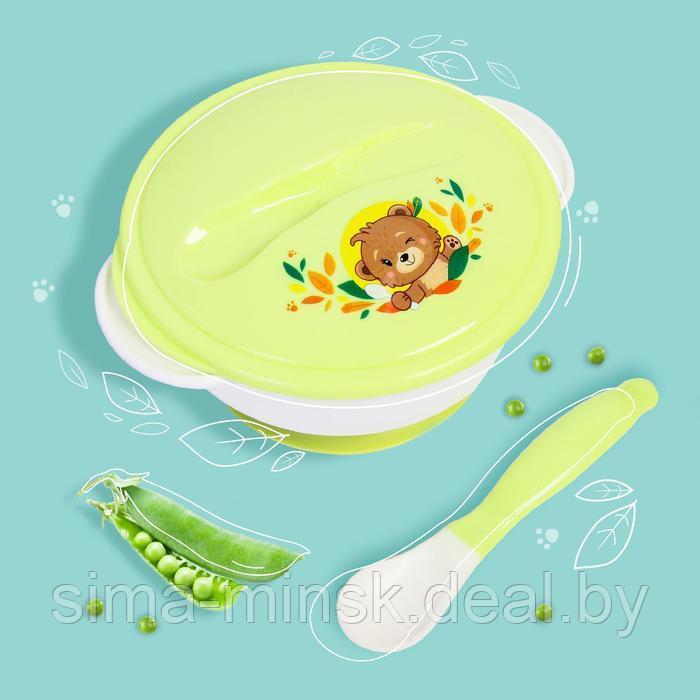 Набор детской посуды «Друзья», 3 предмета: тарелка на присоске, крышка, ложка, цвет зелёный - фото 1 - id-p203565473