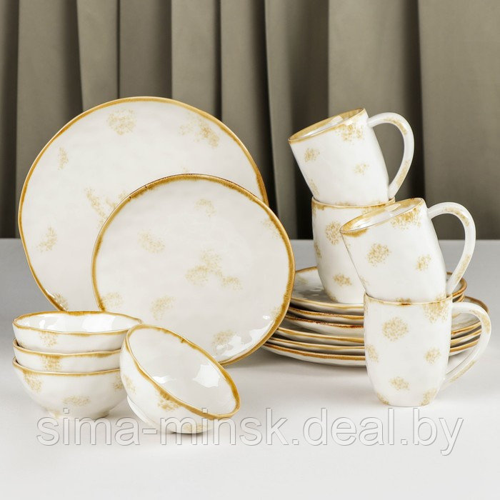 Набор фарфоровой посуды Доляна Organic Gold, 16 предметов: 4 тарелки d=20,5 см, 4 тарелки d=27,5 см, 4 миски - фото 1 - id-p203568007