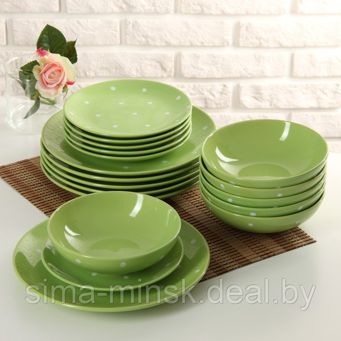 Набор тарелок керамических Доляна «Зелёный горох», 18 предметов: 6 тарелок d=19 см, 6 тарелок d=27 см, 6 мисок - фото 1 - id-p203568010