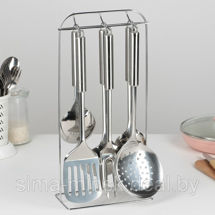 Набор кухонных принадлежностей «Металлик», 6 предметов, на подставке - фото 1 - id-p203565794