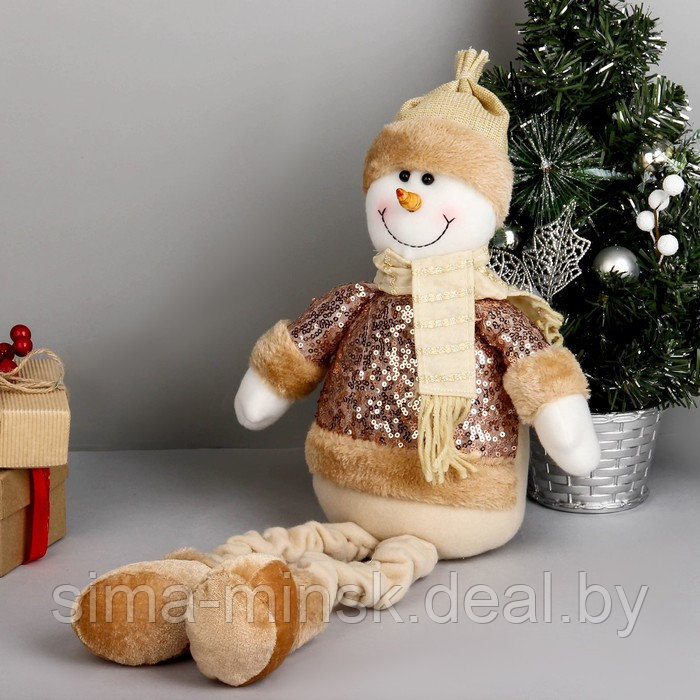 Мягкая игрушка "Снеговик в пайетках - длинные ножки" сидит, 13х52 см, коричневый - фото 3 - id-p203562636