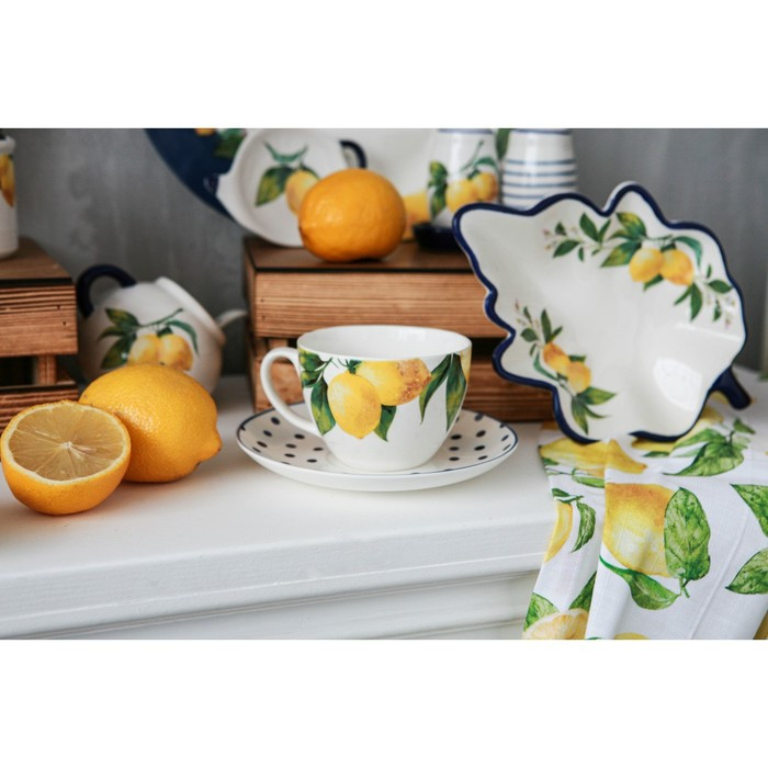 Сервиз фарфоровый чайный Доляна «Лимон», 12 предметов: 6 чашек 250 мл, 6 блюдец d=15,5 см, цвет белый - фото 5 - id-p203577433