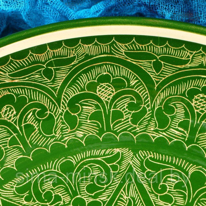 Ляган круглый, 31 см, риштанская роспись, зелёный - фото 4 - id-p203569961