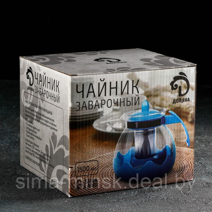 Чайник стеклянный заварочный Доляна «Волна», 1,5 л, с металлическим ситом, цвет голубой - фото 3 - id-p203572134