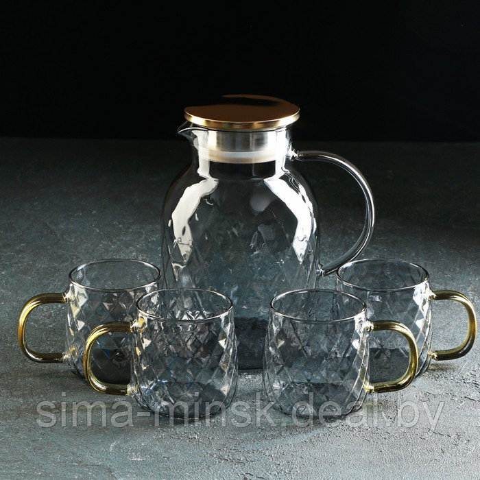 Набор питьевой из стекла Magistro «Дарк. Ромб», 5 предметов: кувшин 1,6 л, 4 кружки 350 мл, цвет серый - фото 1 - id-p203572167