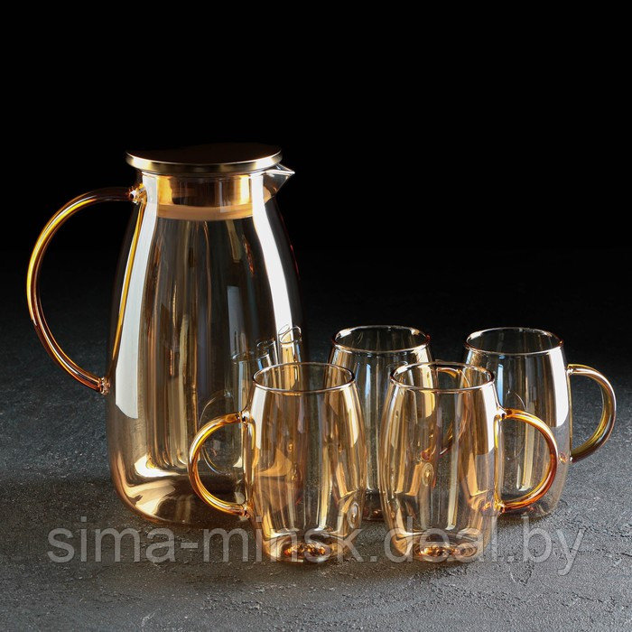 Набор питьевой из стекла Magistro «Голден», 5 предметов: кувшин 1,8 л, 4 кружки 300 мл, цвет золотой - фото 2 - id-p203572178