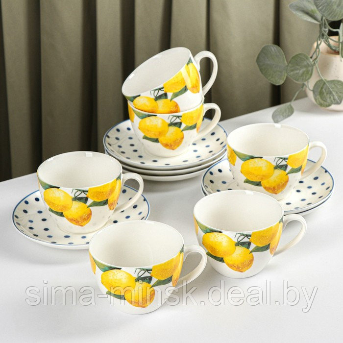 Сервиз фарфоровый чайный Доляна «Лимон», 12 предметов: 6 чашек 250 мл, 6 блюдец d=15,5 см, цвет белый - фото 1 - id-p203568862