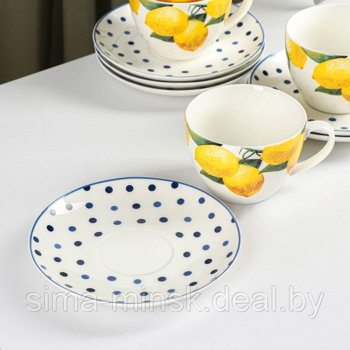Сервиз фарфоровый чайный Доляна «Лимон», 12 предметов: 6 чашек 250 мл, 6 блюдец d=15,5 см, цвет белый - фото 2 - id-p203568862
