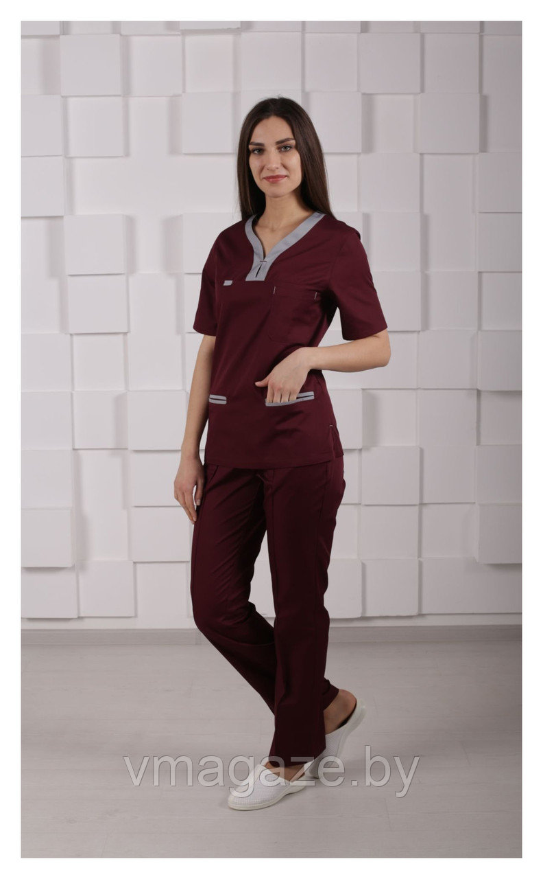 Хирургический костюм, женский М99 (отделка серая, цвет бордовый) - фото 1 - id-p203591962