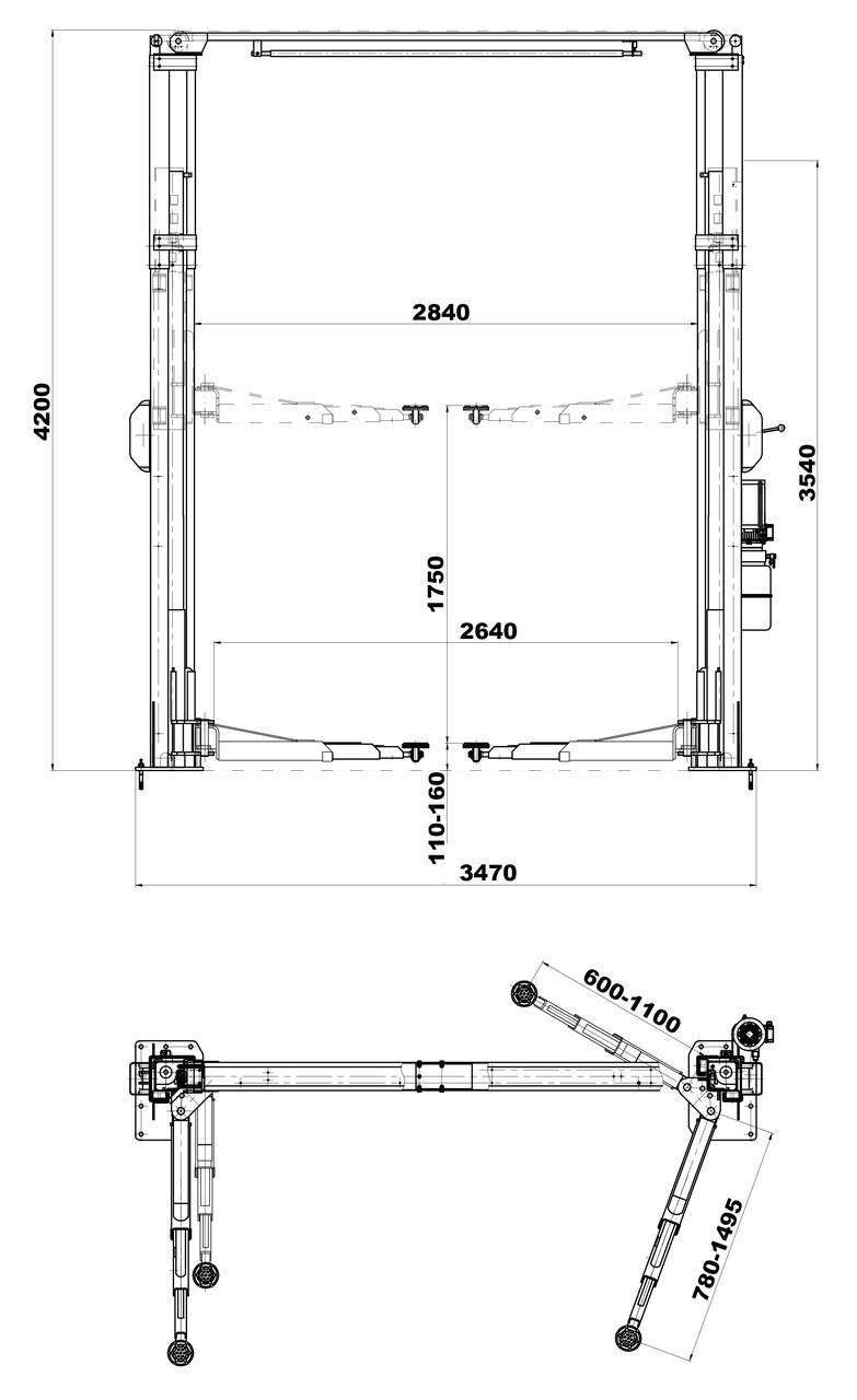 KraftWell KRW4.2MA Подъемник двухстоечный г/п 4200 кг. электрогидравлический с развернутыми каретками - фото 2 - id-p163948059