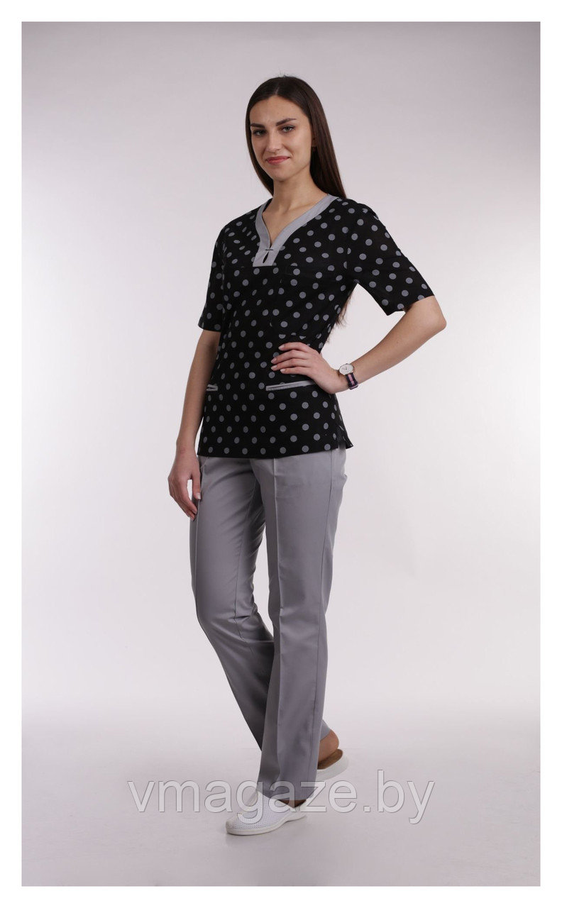 Медицинская женская блуза (с отделкой, принт горошек) - фото 1 - id-p203594077