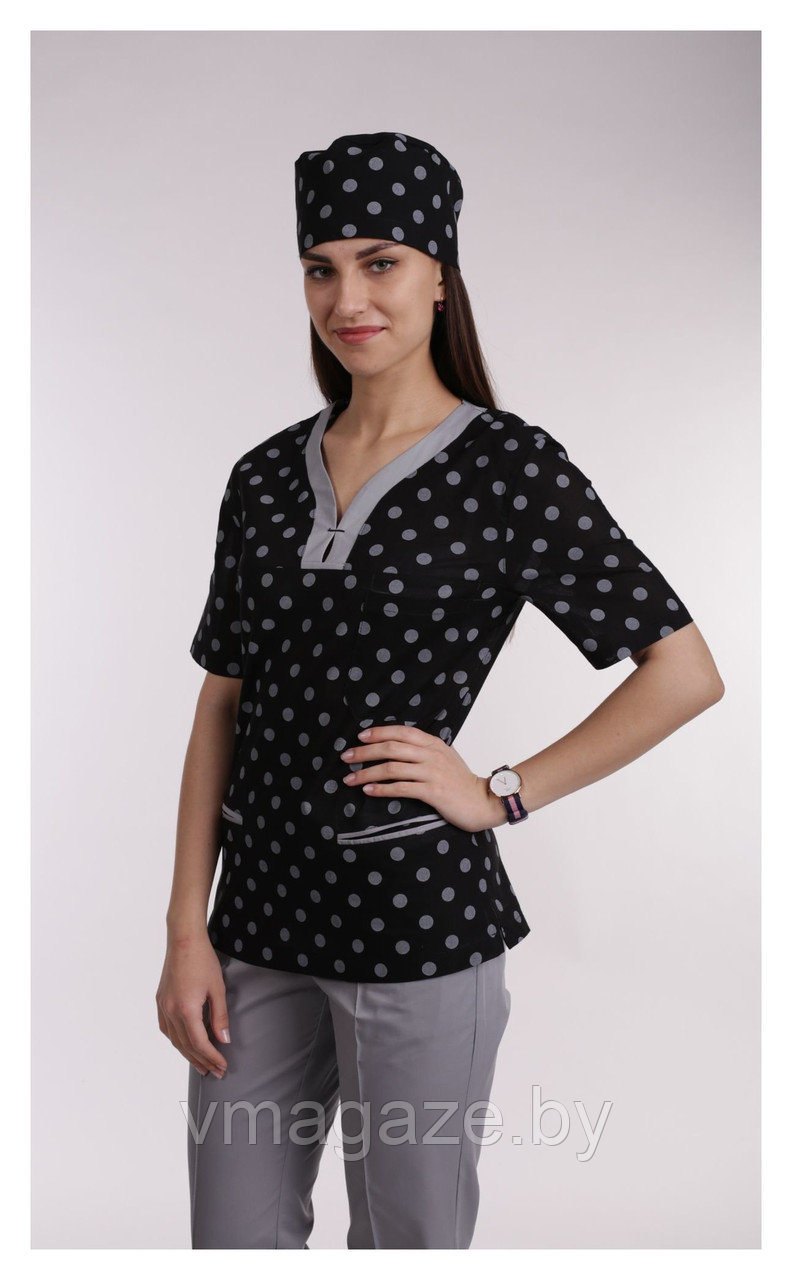 Медицинская женская блуза (с отделкой, принт горошек) - фото 3 - id-p203594077