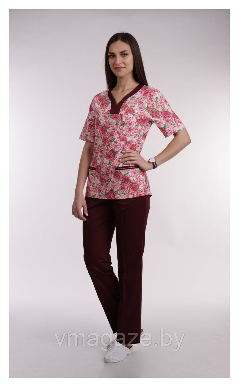 Медицинская женская блуза (с отделкой, цветочный принт) - фото 1 - id-p203594079