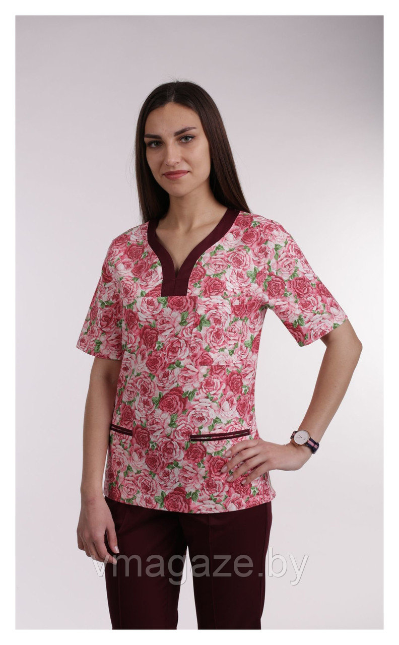 Медицинская женская блуза (с отделкой, цветочный принт) - фото 2 - id-p203594079
