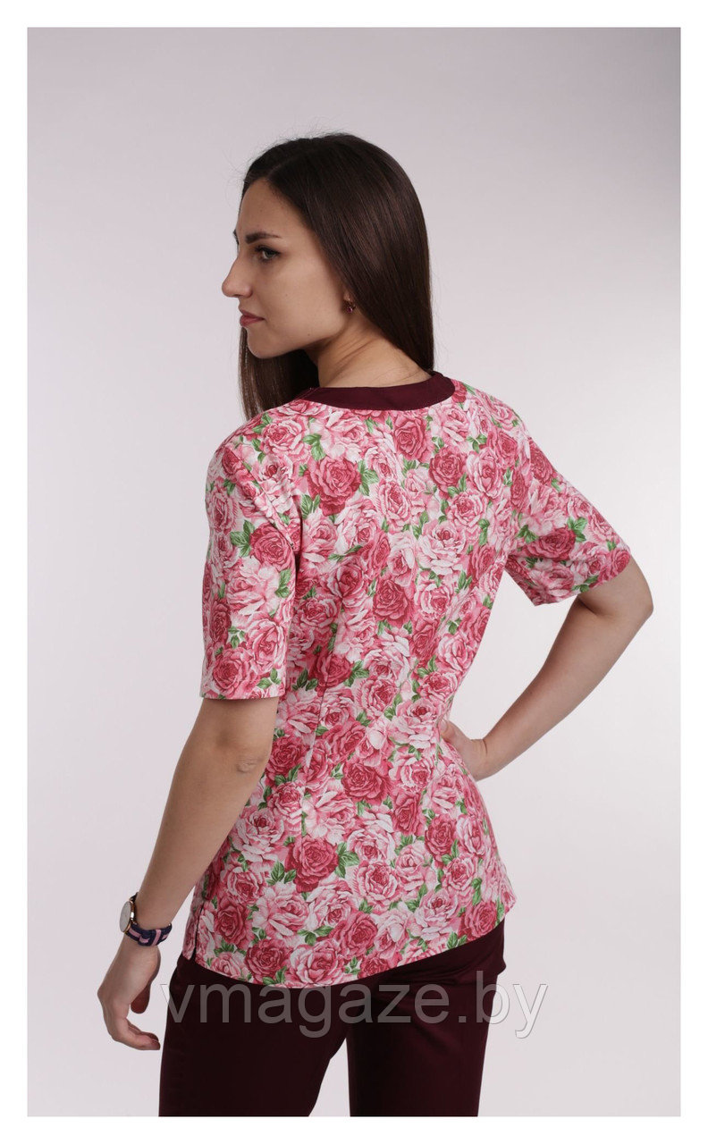 Медицинская женская блуза (с отделкой, цветочный принт) - фото 3 - id-p203594079