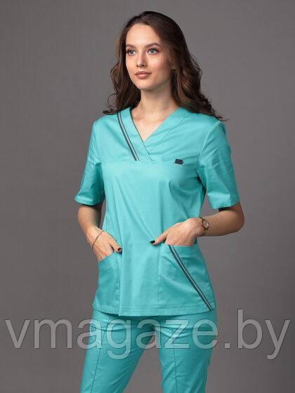 Медицинская женская блуза со стрейчем(приталенная, цвет бирюза) - фото 1 - id-p203594101