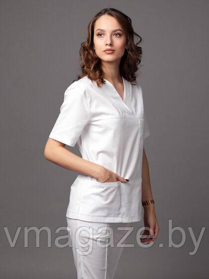 Медицинская женская блуза "хирург"стрейч (цвет белый) - фото 2 - id-p203594114