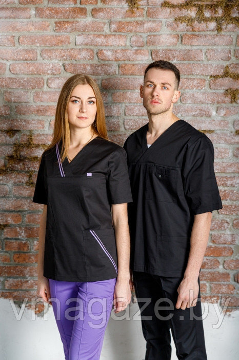 Медицинская блуза мужская со стрейчем(с отделкой,цвет черный)