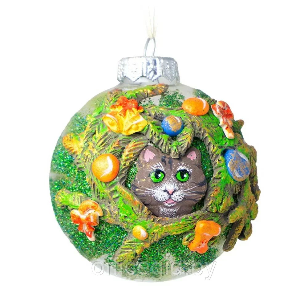 Шар елочный декоративный "Кот в елке", d8 см, разноцветный