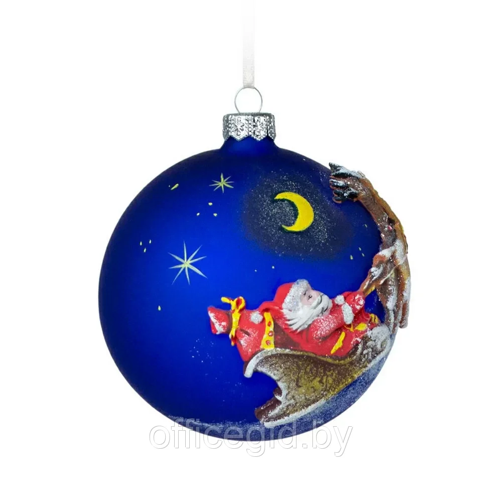 Шар елочный декоративный "Санта с оленями", d10 см, синий - фото 3 - id-p203608615