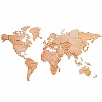Пазл деревянный "Карта мира" многоуровневый на стену, ХL 3146, натуральный, 72x130 см