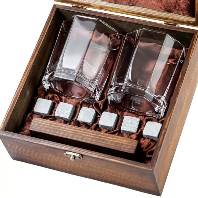 Подарочный набор для виски в деревянной шкатулке с камнями AmiroTrend ABW-103W - фото 1 - id-p200657185