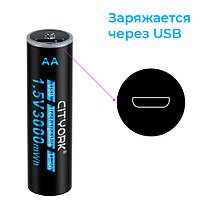 Пальчиковые аккумуляторные батарейки в кейсе (4 шт.) AA 3000 mWh 1.5V Li-ion с micro USB портом Cityork, фото 3