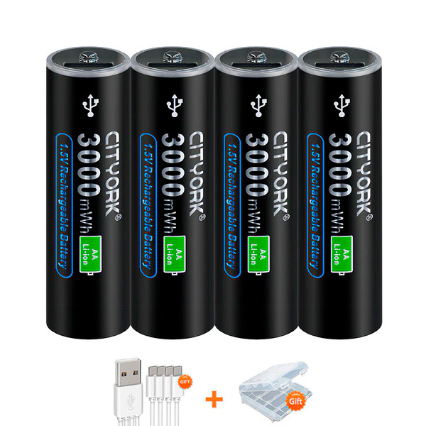Пальчиковые аккумуляторные батарейки в кейсе (4 шт.) AA 3000 mWh 1.5V Li-ion с micro USB портом Cityork