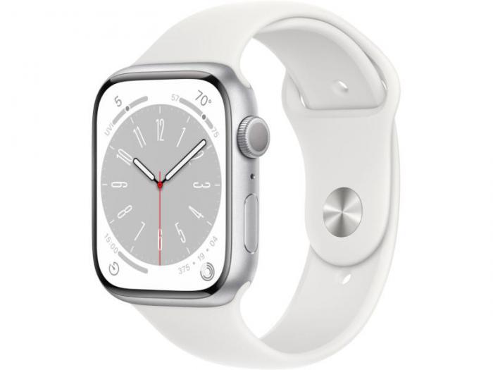 APPLE Watch Series 8 GPS 45mm Silver Aluminum Case with White Sport Band - M/L MP6Q3 / MP6T3 - фото 1 - id-p203298991