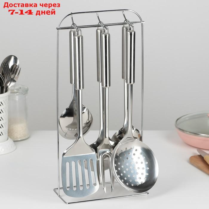 Набор кухонных принадлежностей "Металлик", 6 предметов, на подставке - фото 1 - id-p203384358