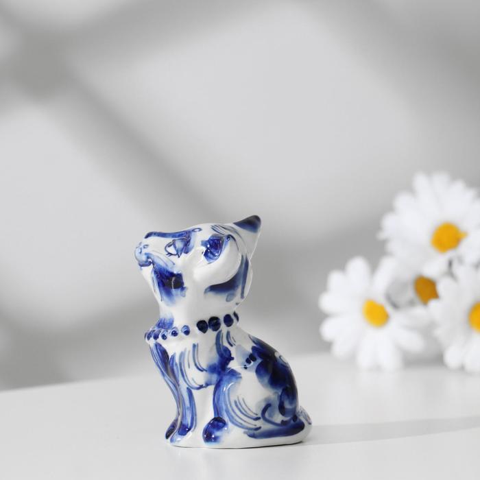 Сувенир фарфоровый «Кошка-барышня» (гжель) высота 9 см, бело-синий