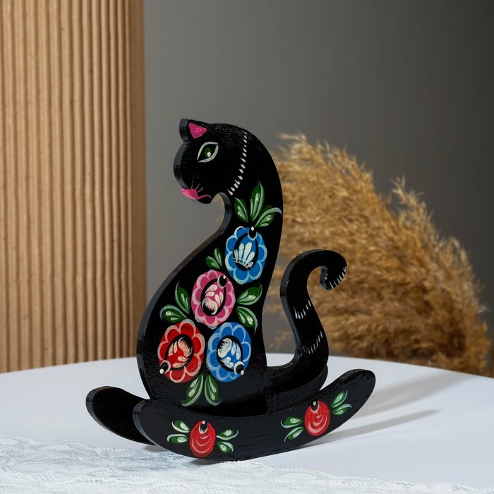 Сувенир деревянный «Кошка-качалка» высота 19 см, гордецкая роспись, черная