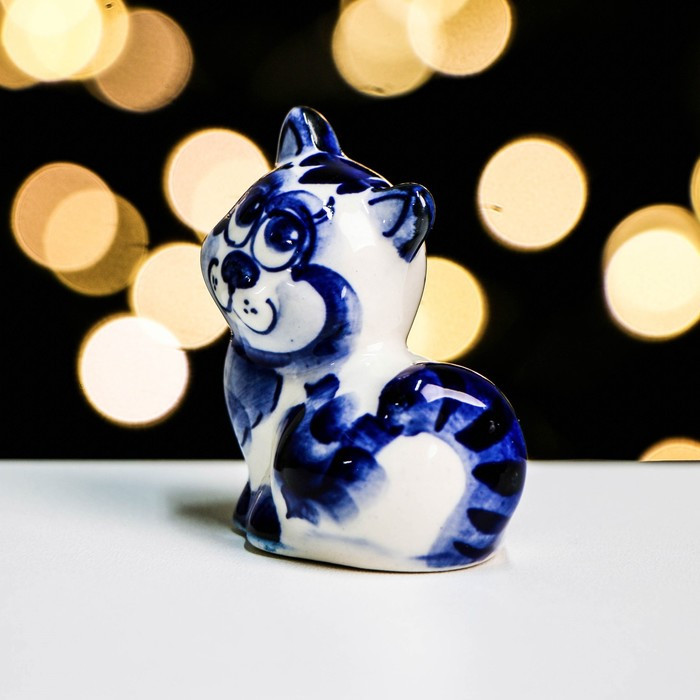 Сувенир фарфоровый «Кот Мурзик» (гжель) высота 5 см, бело-синий