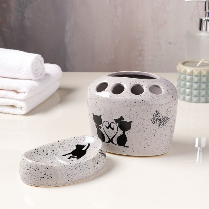 Набор для ванной керамический «Котики» 2 предмета, прованс, серый, деколь микс