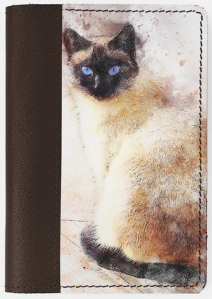 Обложка на паспорт из натуральной кожи комбинированная 9,5*13,3*0,3см, «Сиамская кошка», шоколадно-белая - фото 3 - id-p203781110