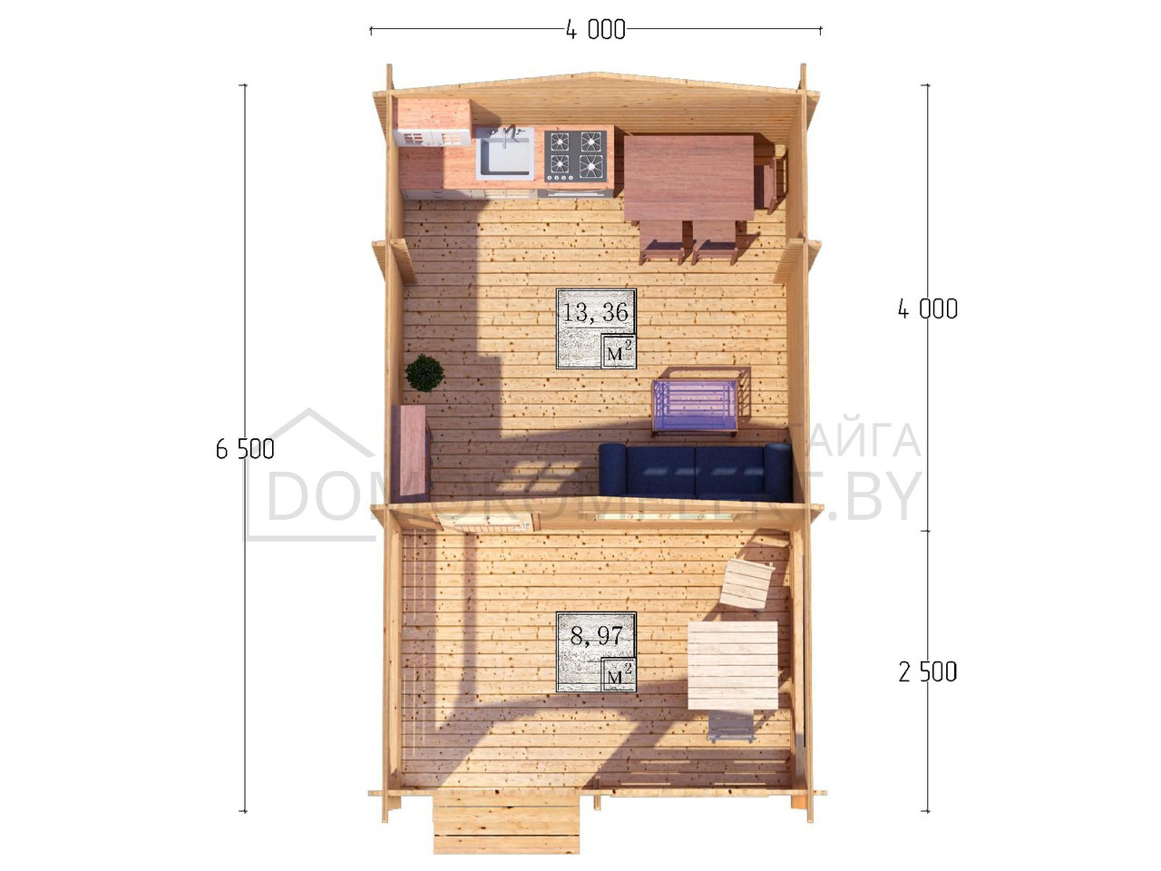 Дачный домик из бруса 4,0х6,5м (ДСВ 4,0х4,0 тп), с верандой 2,5м. стенокомплект - фото 2 - id-p108280831