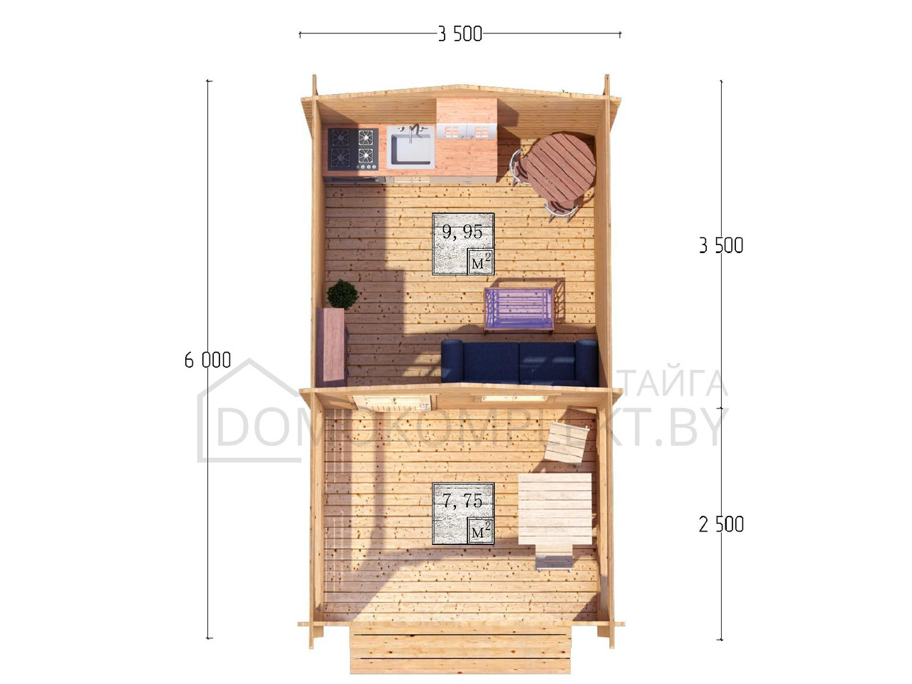 Дачный домик из бруса 3,5х6,0м (ДСВ 3,5х3,5 тп), с верандой 2,5м. стенокомплект - фото 5 - id-p102640414