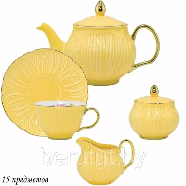 Чайный сервиз фарфоровый 15 предметов на 6 персон 250 мл Lenardi ЖЕЛТЫЙ - фото 2 - id-p203814240