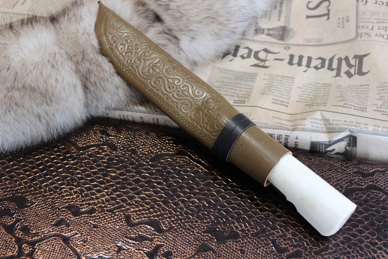 Нож Пчак с ручкой из белой кости с узором на лезвии - фото 6 - id-p196623980
