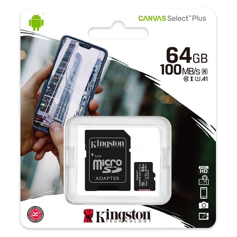 Карта памяти Kingston Canvas Select Plus MicroSDXC 64Gb UHS-I U1 V10 100 Мб/с с адаптером SD - фото 1 - id-p203870663
