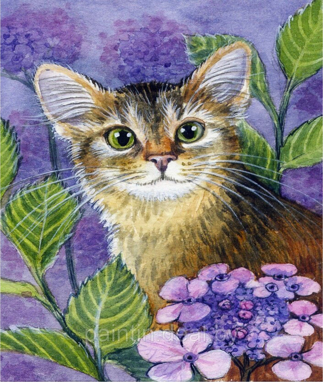 Алмазная мозаика "Кошка с цветами" на подрамнике