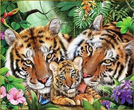 Алмазная мозаика "Семейство тигров" на жесткой основе