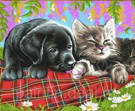 Алмазная мозаика "Собака и кошка" на жесткой основе