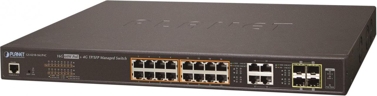 Коммутатор PLANET GS-4210-16UP4C IPv6/IPv4, 16-Port Managed 60W Ultra PoE Gigabit Ethernet Switch + 4-Port - фото 1 - id-p203912475