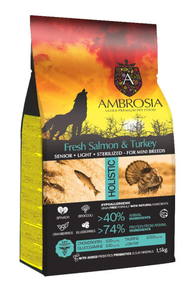 Сухой корм для собак Ambrosia Grain Free Senior Mini Light (лосось, индейка) 1.5 кг - фото 1 - id-p202886830