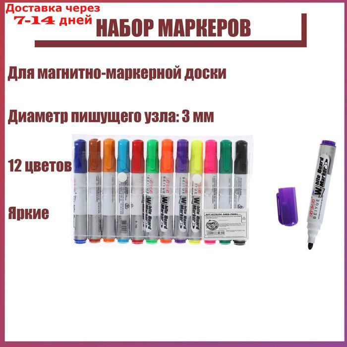 Набор маркеров 12 цветов для магнитно-маркерной доски 3 мм - фото 1 - id-p203874508